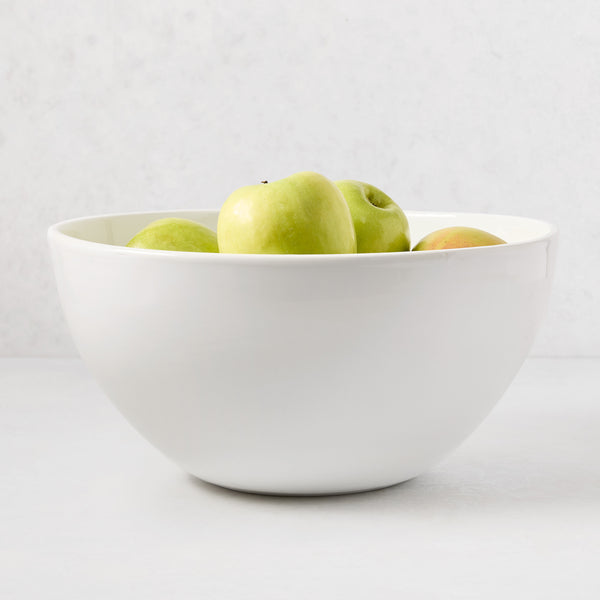 HG Modern Large Ceramic Serve Bowl, white, 14"Dia, with green apples.