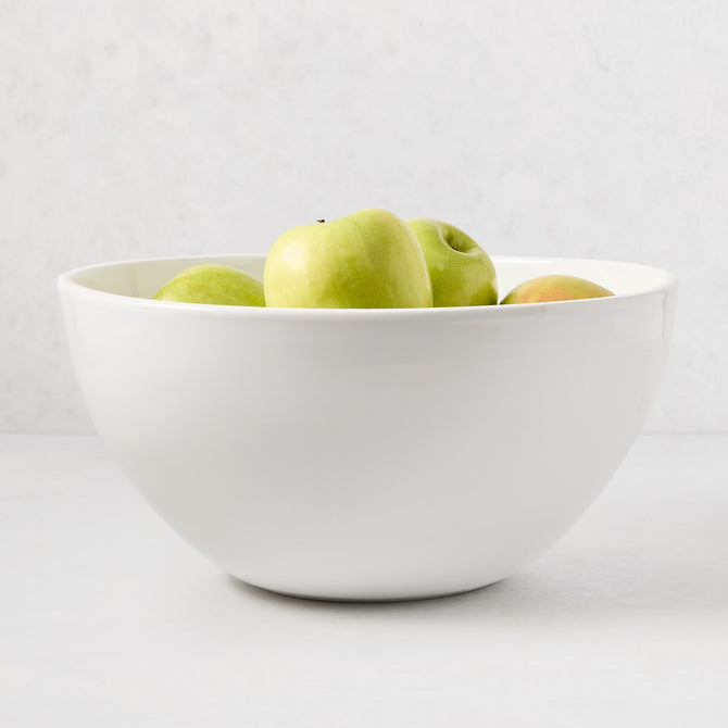HG Modern Large Ceramic Serve Bowl, white, 14"Dia, with green apples.