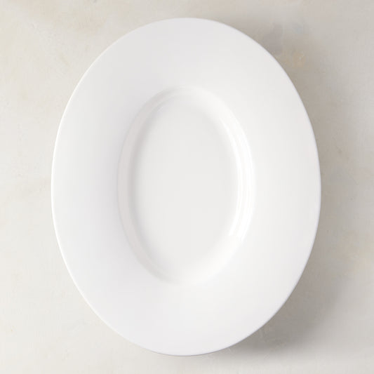 Modern Oval Wide-Rim Large Ceramic Platter, creamy white glaze, stoneware.