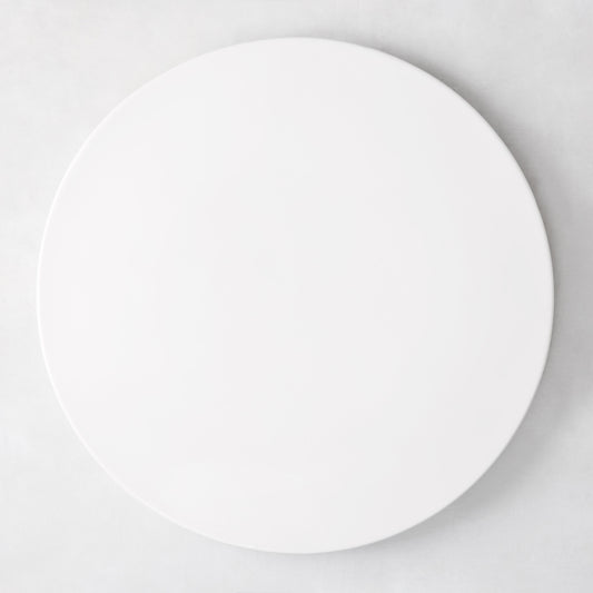 Modern round white ceramic serving platter, 14.5" diameter, smooth edgeless surface.