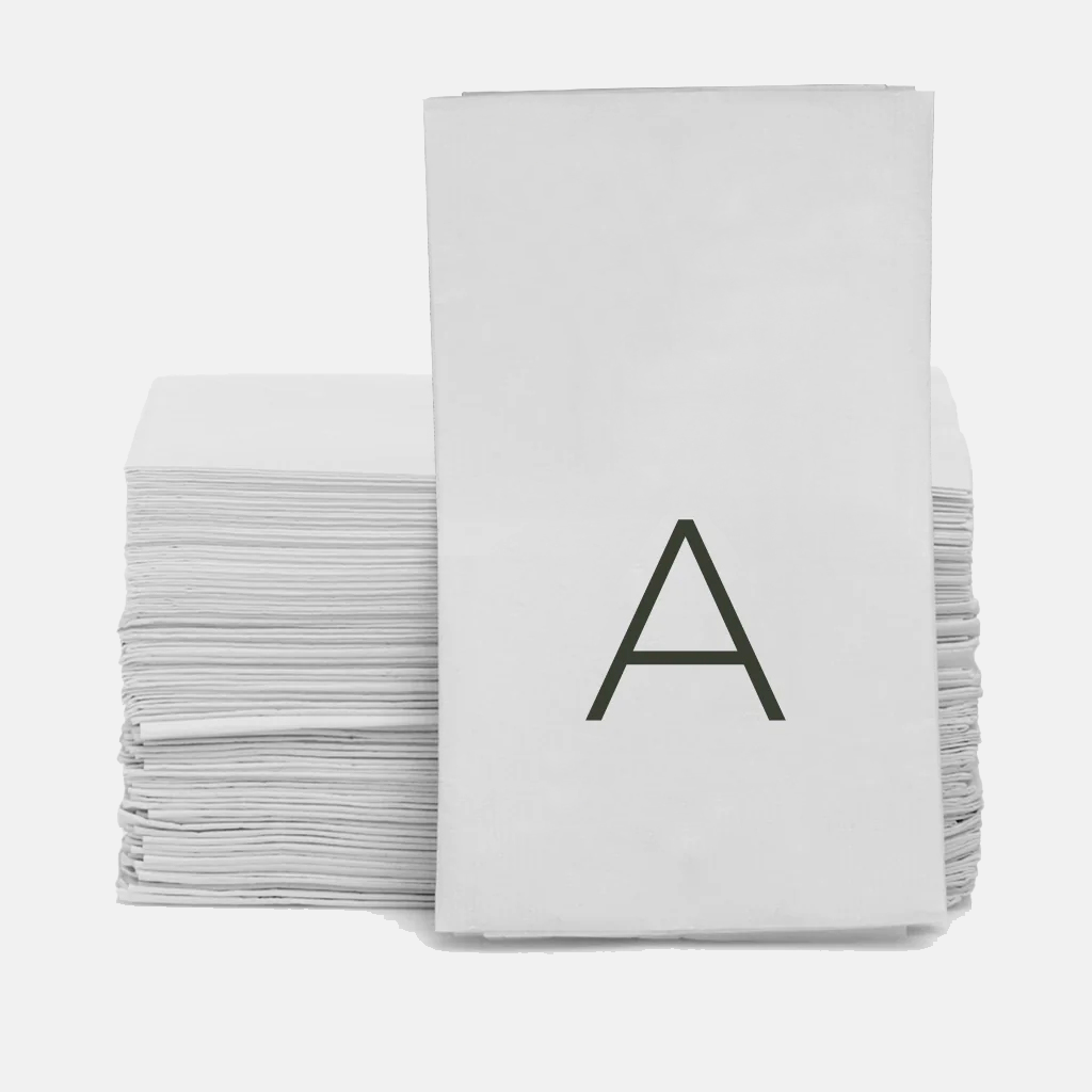 Stack of white 3-ply paper hand towels with a grey monogram letter A.