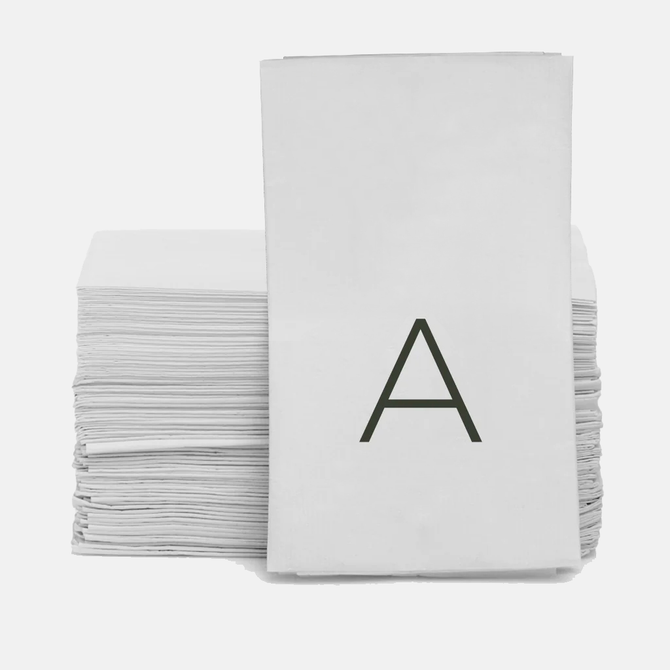 Stack of white 3-ply paper hand towels with a grey monogram letter A.