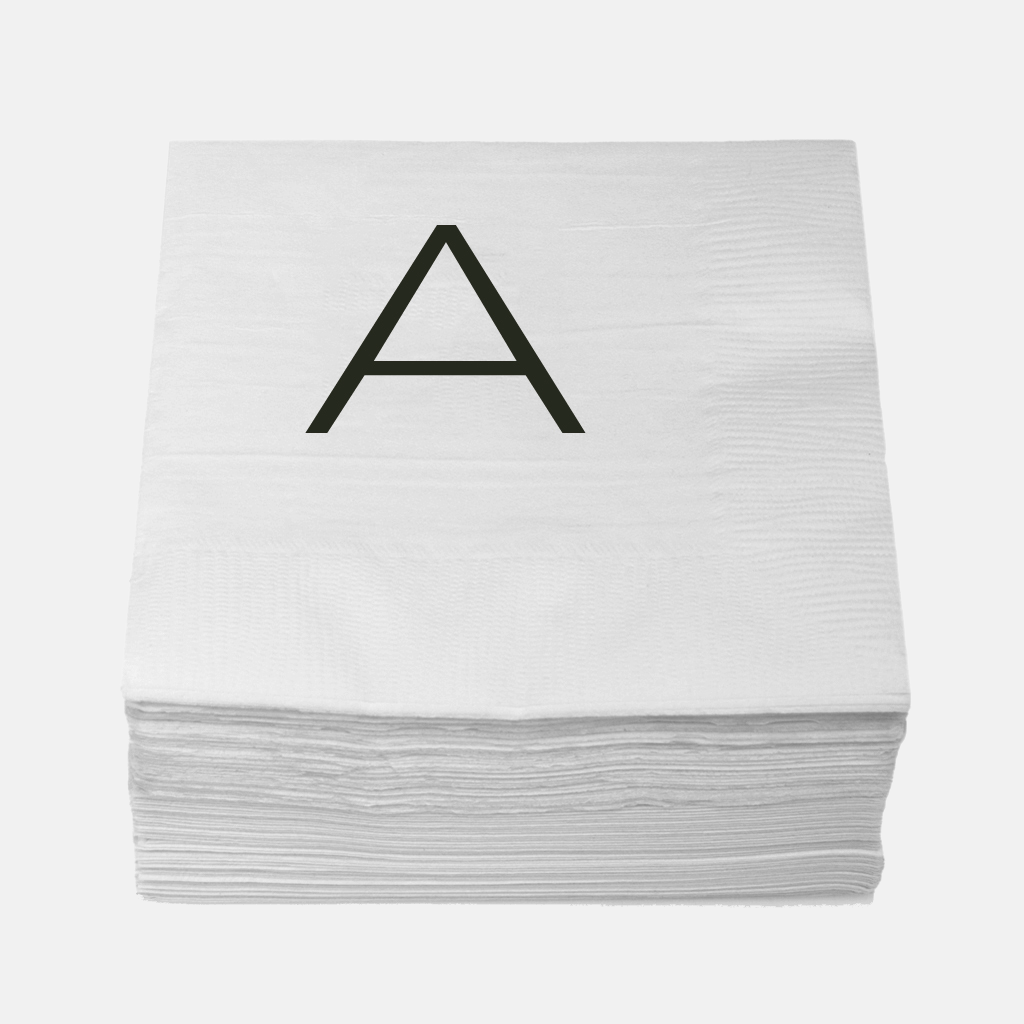 Stack of white 5.5" square 3-ply paper cocktail napkins with a grey sans-serif letter "A" monogram.