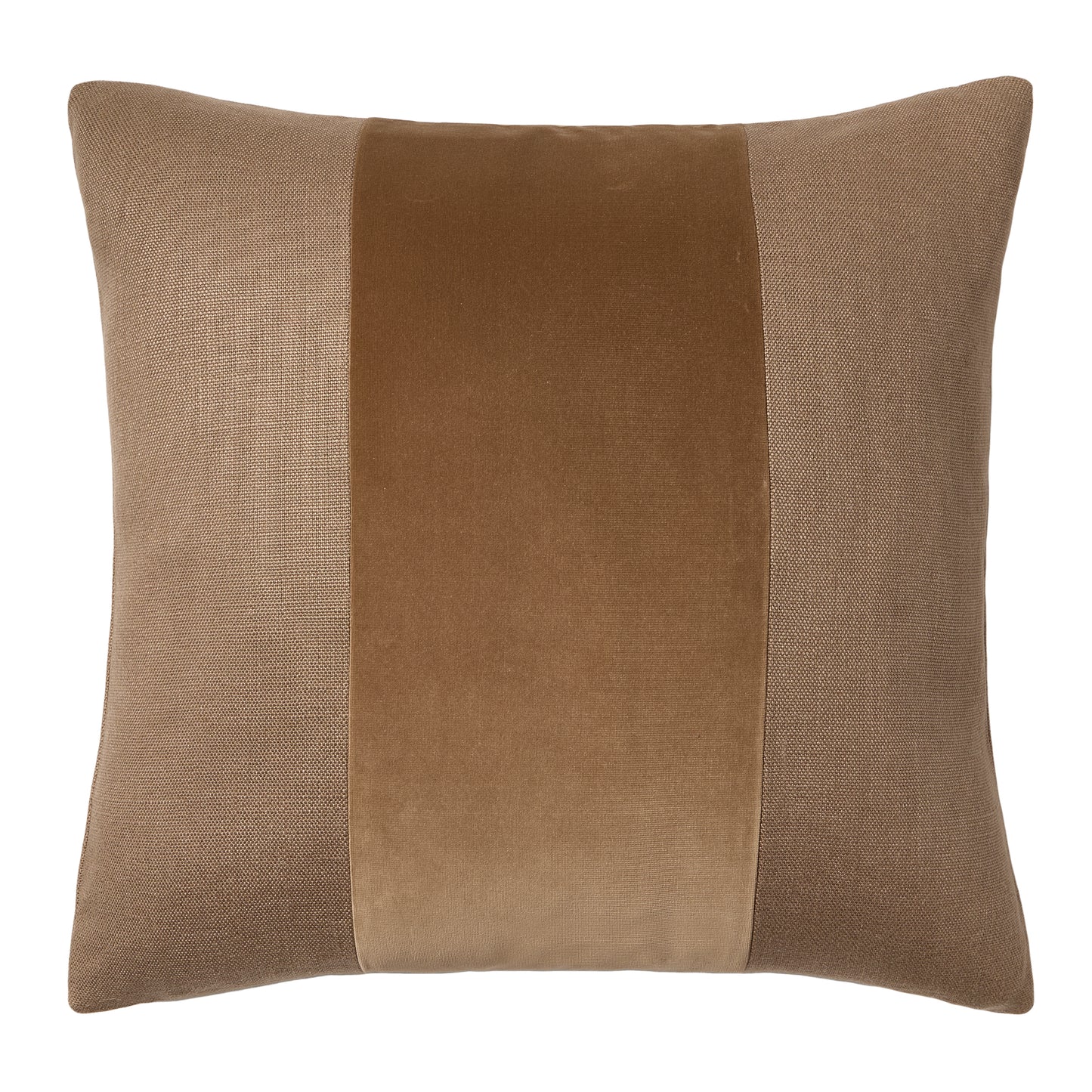 Moroccan Brown Tonal Wide Velvet Stripe and Linen Pillow, 22" square.