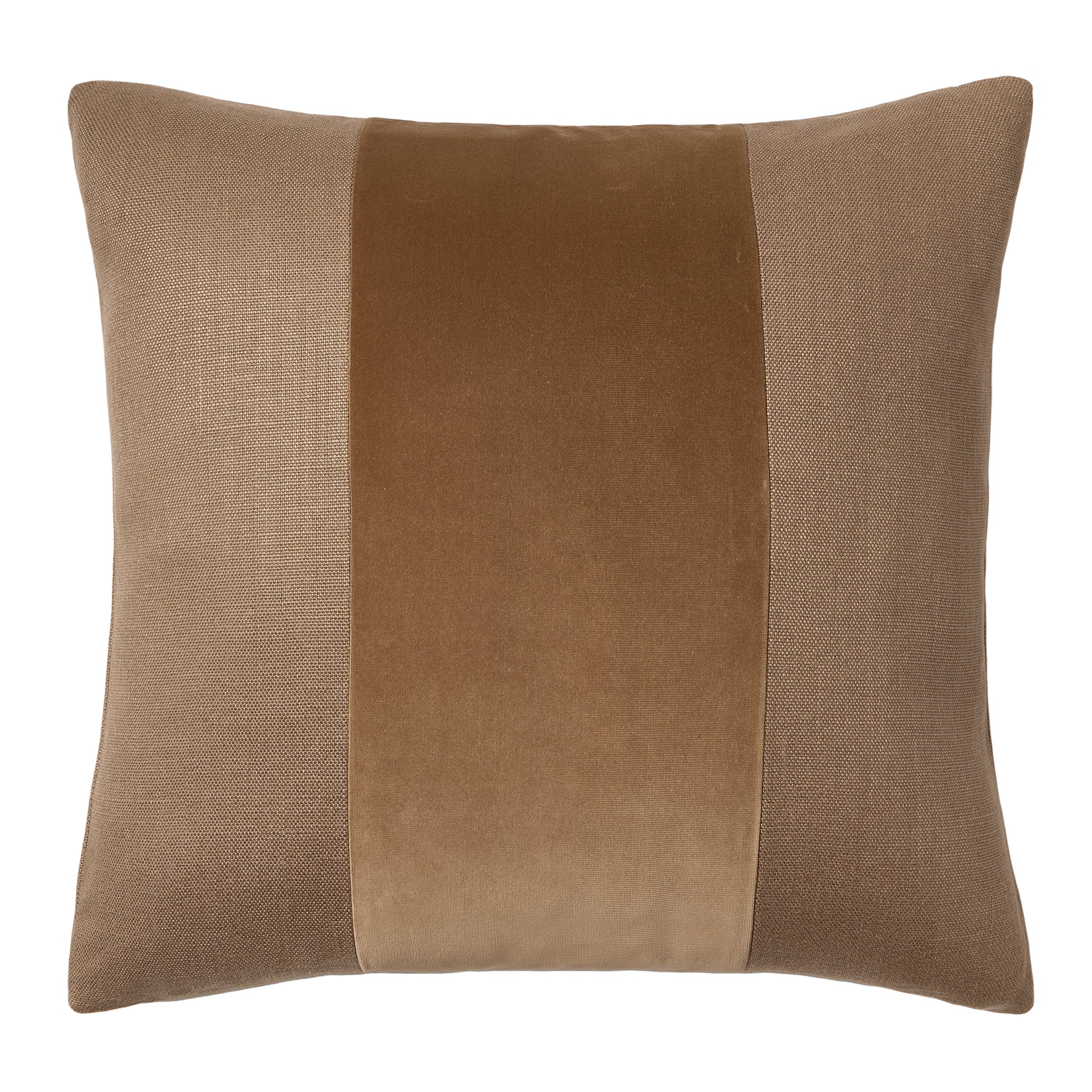 Moroccan Brown Tonal Wide Velvet Stripe and Linen Pillow, 22" square.