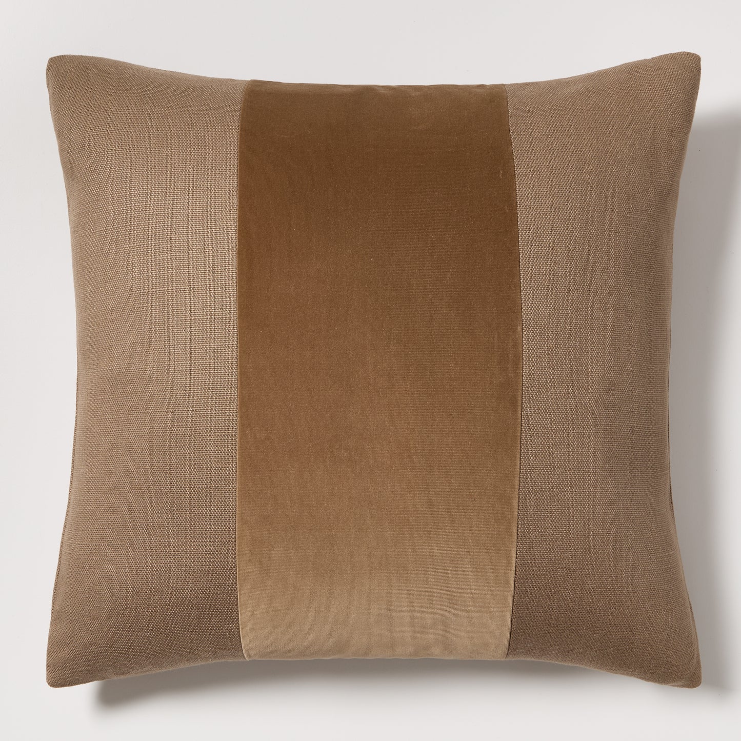 Moroccan Brown 22" square linen and velvet pillow with wide tonal stripe.