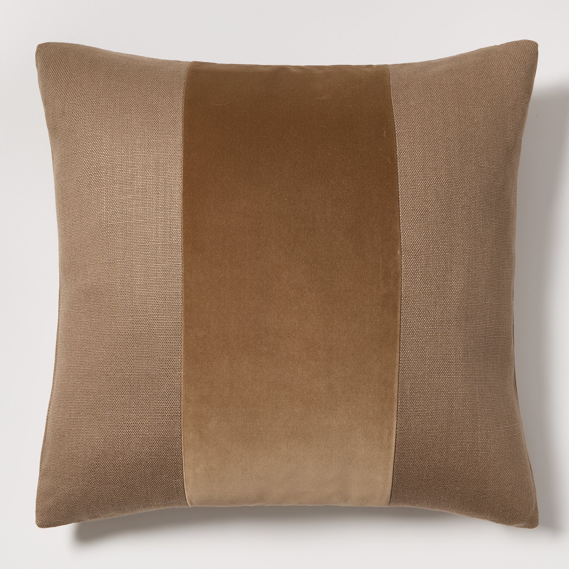 Moroccan Brown 22" square linen and velvet pillow with wide tonal stripe.