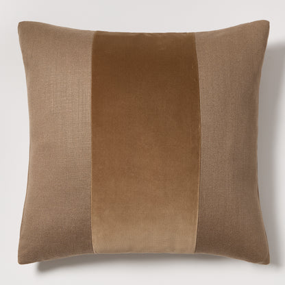 Moroccan Brown 22" square linen and velvet pillow with wide tonal stripe.