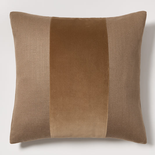 Moroccan Brown 22" square linen and velvet pillow with wide tonal stripe.