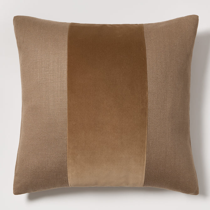 Moroccan Brown 22" square linen and velvet pillow with wide tonal stripe.