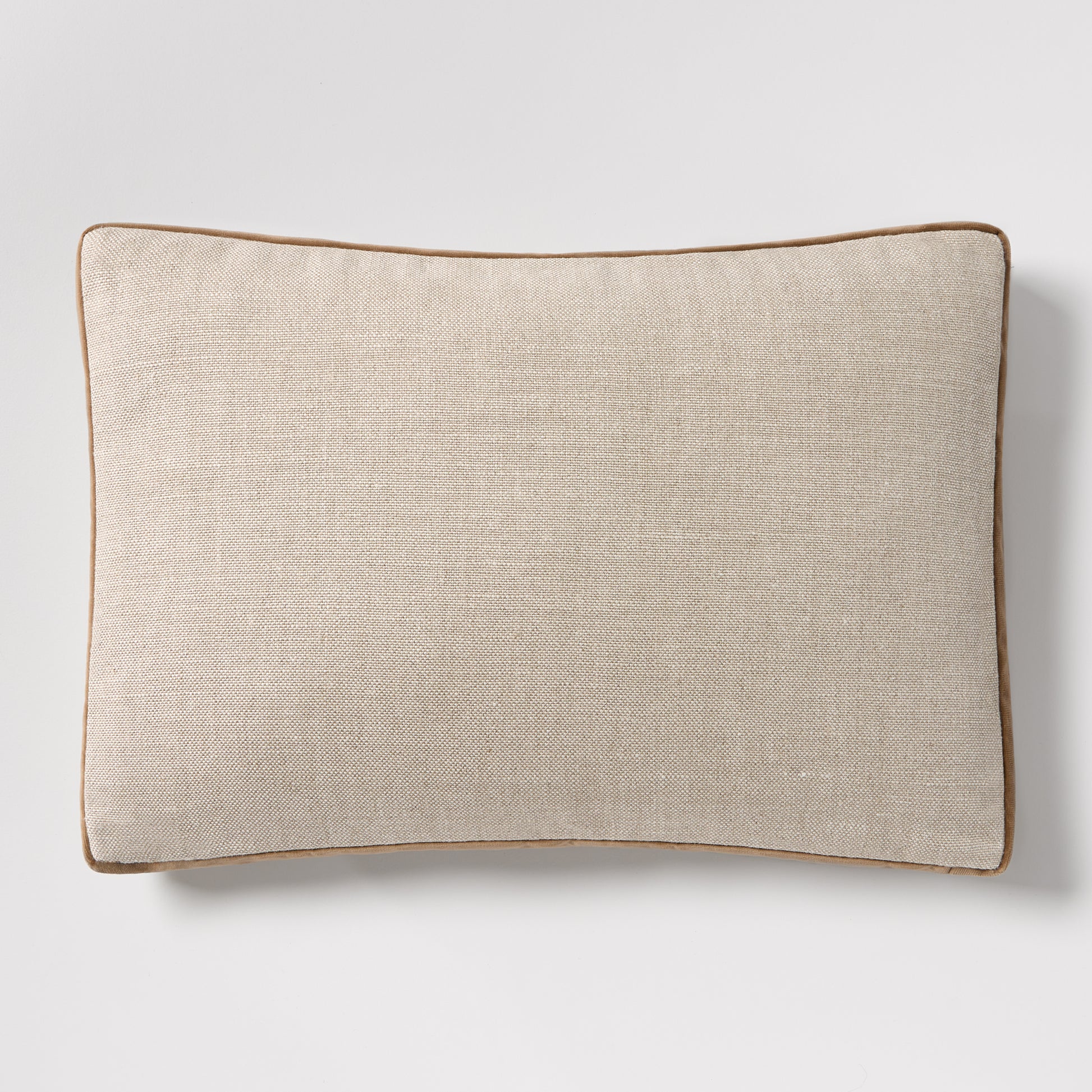 Moroccan Brown Velvet and Flax Linen Lumbar Pillow, 20"L x 14"H, with brown piping.