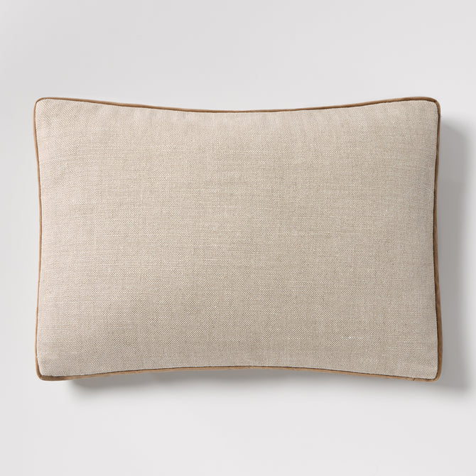 Moroccan Brown Velvet and Flax Linen Lumbar Pillow, 20"L x 14"H, with brown piping.