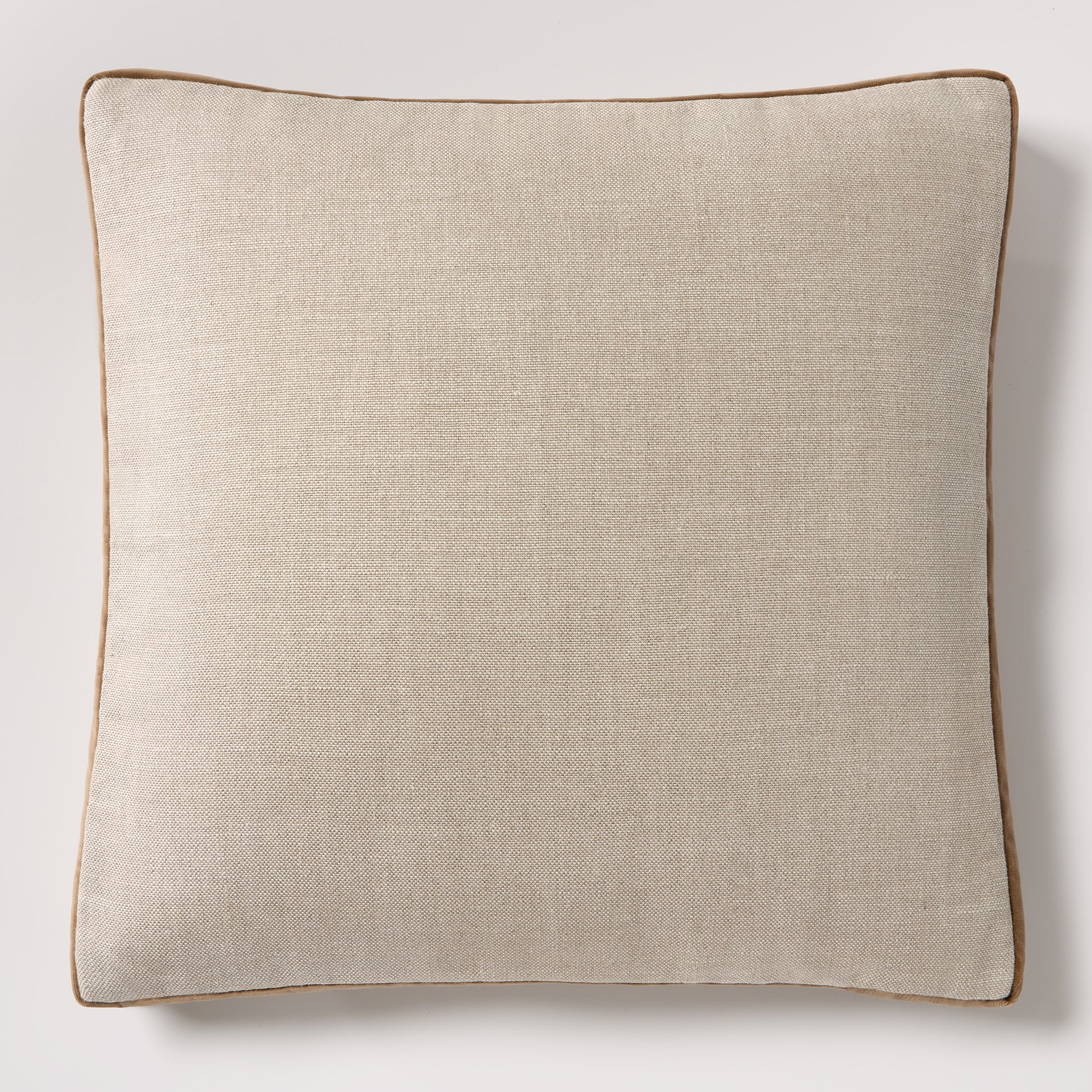 Moroccan Brown Velvet Gusseted and Linen Square Pillow, 22" square, with visible texture and brown piping.