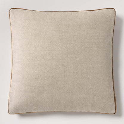 Moroccan Brown Velvet Gusseted and Linen Square Pillow, 22" square, with visible texture and brown piping.