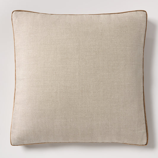 Moroccan Brown Velvet Gusseted and Linen Square Pillow, 22" square, with visible texture and brown piping.
