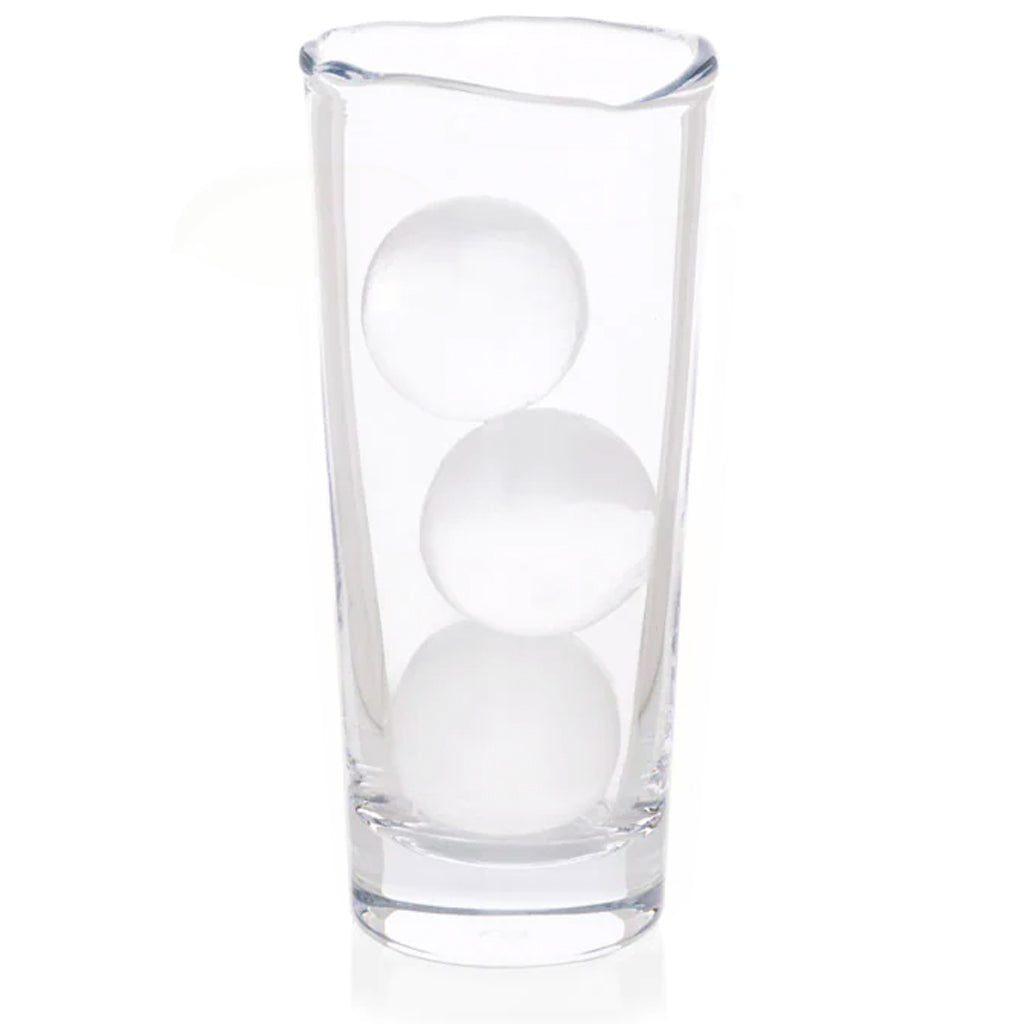 Clear Mozes Scissor-Cut Water Glass, 10.5 oz, with a rippled rim and three white ice spheres inside.