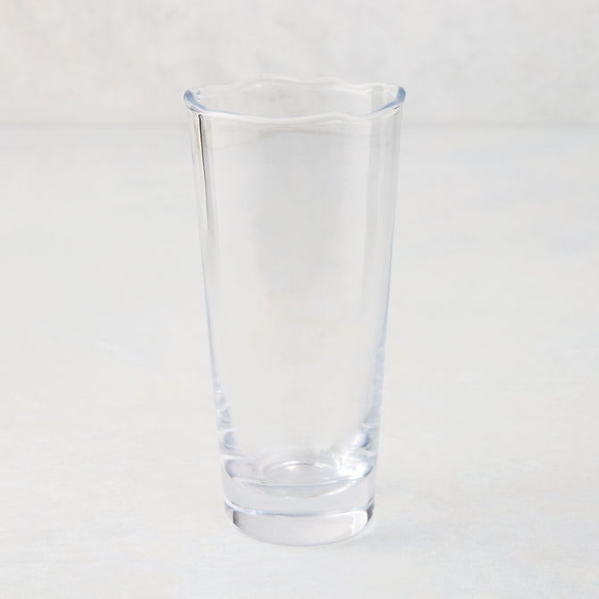 Clear Mozes Scissor-Cut Water Glass, 10.5 oz., thick air-blown glass with a rippled rim.