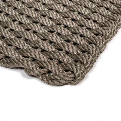 Mushroom Braided Rope Doormat, handwoven, all-weather, mold-resistant, gray-brown rope.
