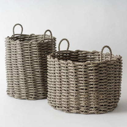 Hudson Grace handwoven mushroom lobster rope baskets in a neutral earthy tone with sturdy nautical rope handles.