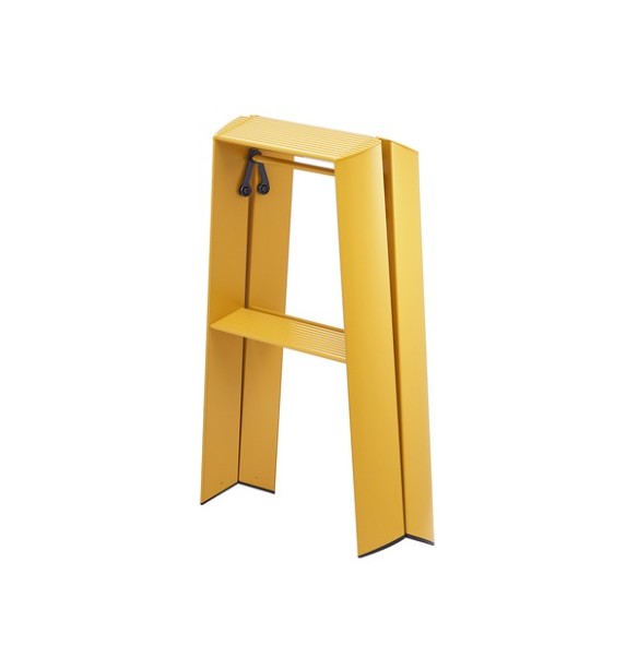 Mustard yellow Lucano Hasegawa 2-step lightweight aluminum and steel ladder, folded upright.