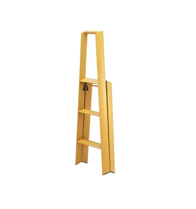 Mustard yellow Lucano Hasegawa 3-step lightweight aluminum and steel ladder, folded upright.
