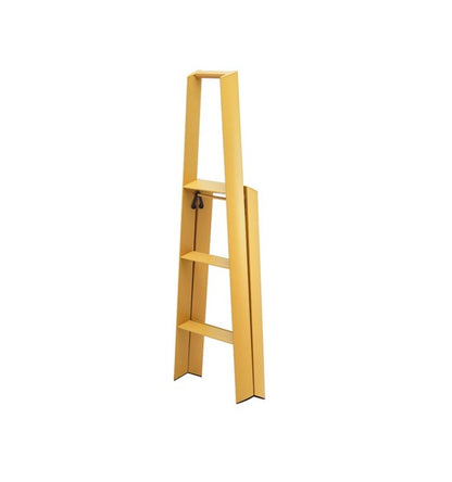 Mustard yellow Lucano Hasegawa 3-step lightweight aluminum and steel ladder, folded upright.
