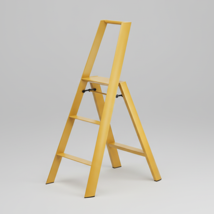 Mustard yellow Lucano Hasegawa 3-step lightweight aluminum and steel ladder with black non-skid feet.