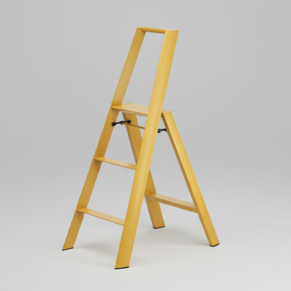 Mustard yellow Lucano Hasegawa 3-step lightweight aluminum and steel ladder with black non-skid feet.