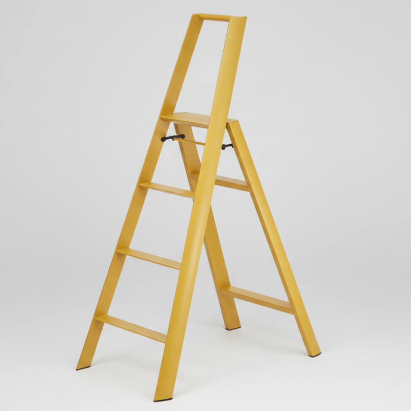 Mustard Yellow Lucano Hasegawa 4-Step lightweight aluminum and steel ladder with black non-skid feet.