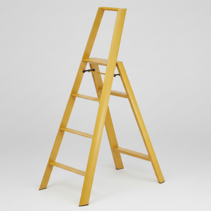 Mustard Yellow Lucano Hasegawa 4-Step lightweight aluminum and steel ladder with black non-skid feet.