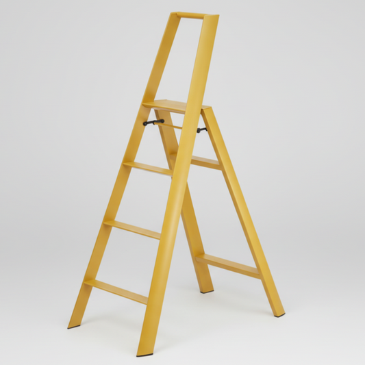 Mustard Yellow Lucano Hasegawa 4-Step lightweight aluminum and steel ladder with black non-skid feet.