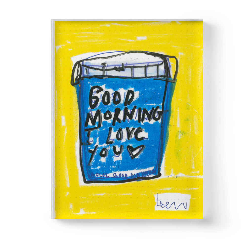 Kerri Rosenthal "My First Love" art print: blue pill bottle on a yellow background, framed.