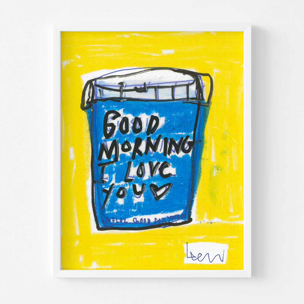 Kerri Rosenthal "My First Love" art print: blue cup with "Good Morning I Love You" on yellow background, white frame.