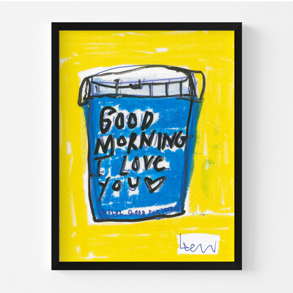 Kerri Rosenthal's "My First Love" art print: blue cup with "Good Morning I Love You" on yellow background, black frame.