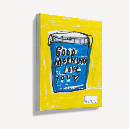Kerri Rosenthal "My First Love" art print, a blue pill bottle on a vibrant yellow background.