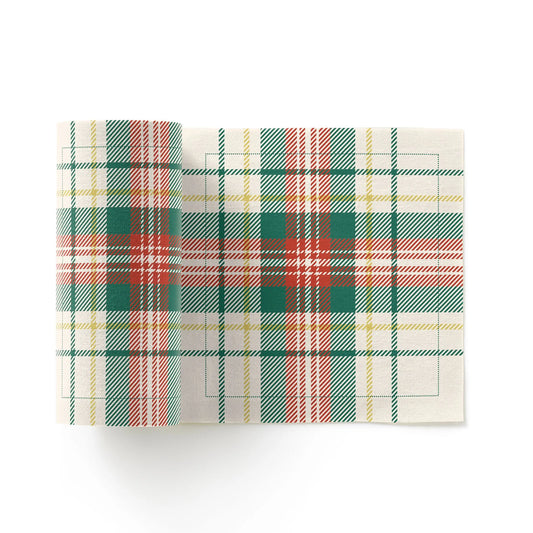 Natural Tartan tear-off cotton cocktail napkin roll with green, red, and yellow plaid pattern.