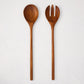 Natural teak wood long-handled 2-piece serving set: spoon and 3-tine fork, 16"L.