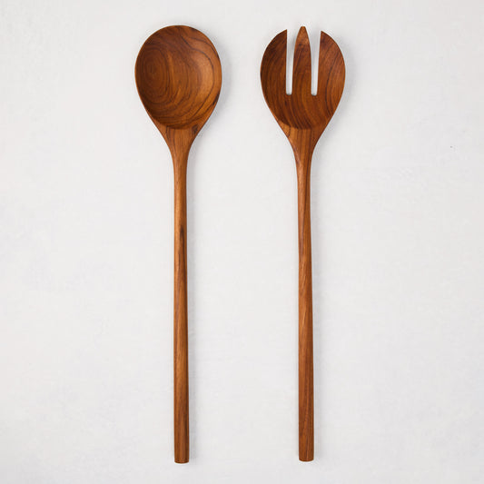 Natural teak wood long-handled 2-piece serving set: spoon and 3-tine fork, 16"L.