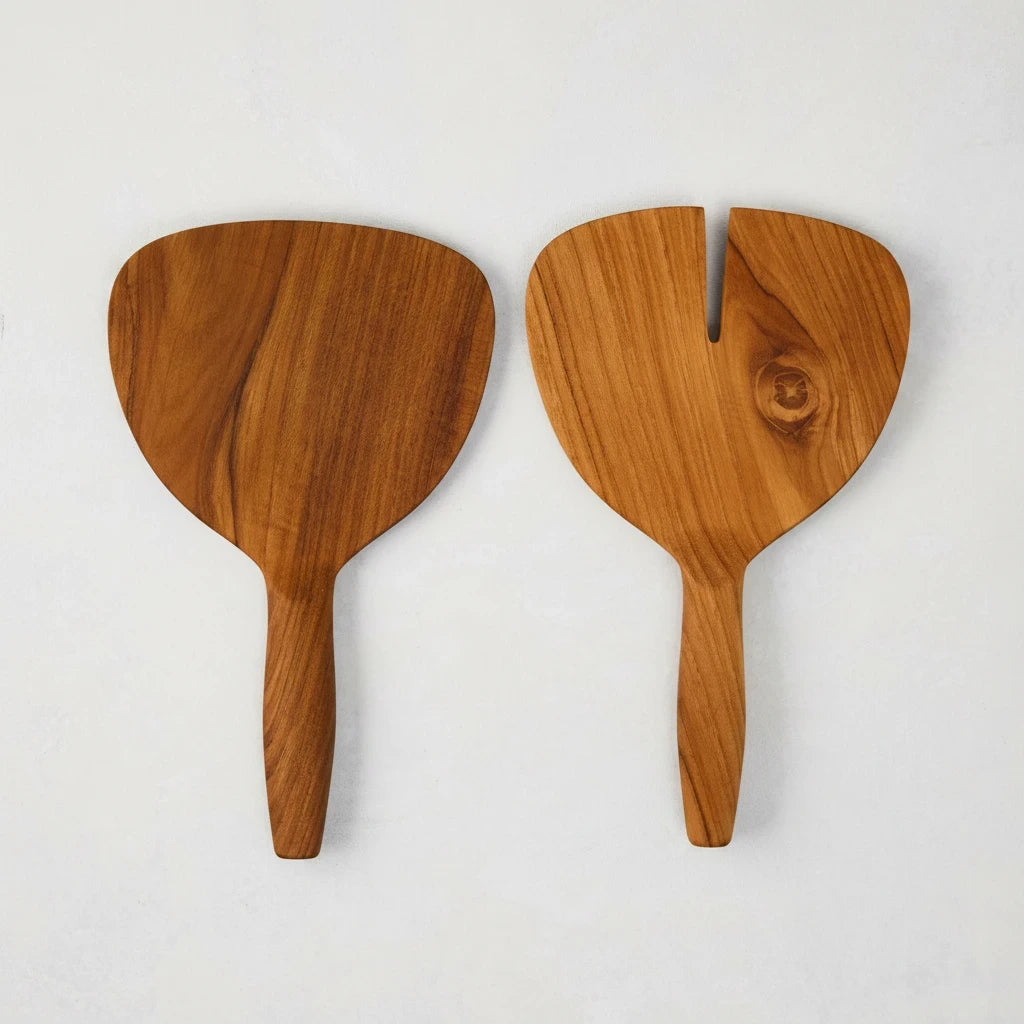 Hudson Grace 2-piece serving set in natural teak wood with one solid and one slotted short-handled paddle
