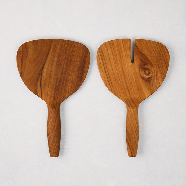 Natural teak wood short-handled 2-piece serving set, one solid, one slotted.