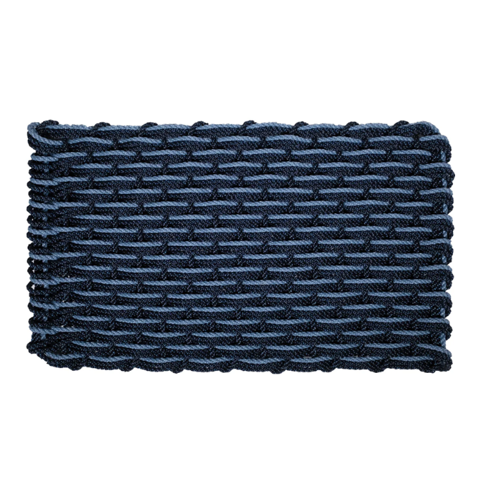Navy and Glacier Bay braided rope doormat, handwoven with durable, all-weather rope.