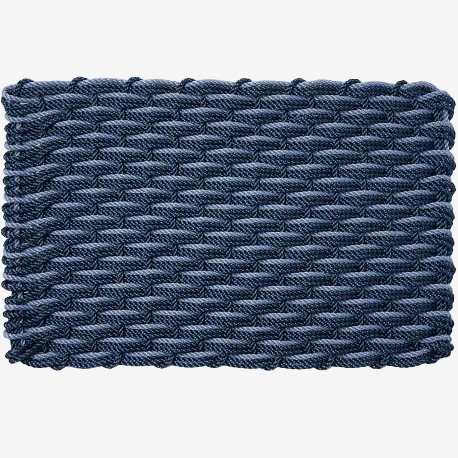 Navy and Glacier Bay braided rope doormat, handwoven from durable, all-weather Maine-made rope.