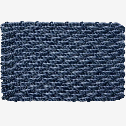 Navy and Glacier Bay braided rope doormat, handwoven from durable, all-weather Maine-made rope.