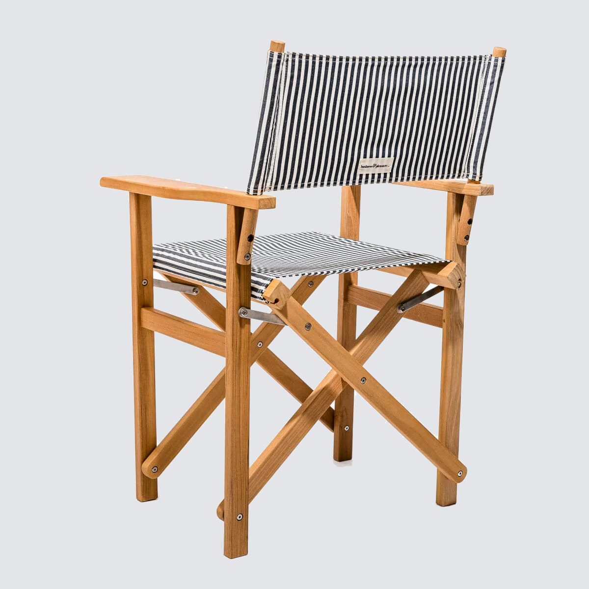 Navy and white stripe directors chair with a painted teakwood frame.