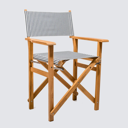 Navy and white stripe directors chair with a painted teakwood frame.