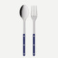 10.25-inch bistro serving set with stainless steel heads and navy blue acrylic handles featuring three rivets.