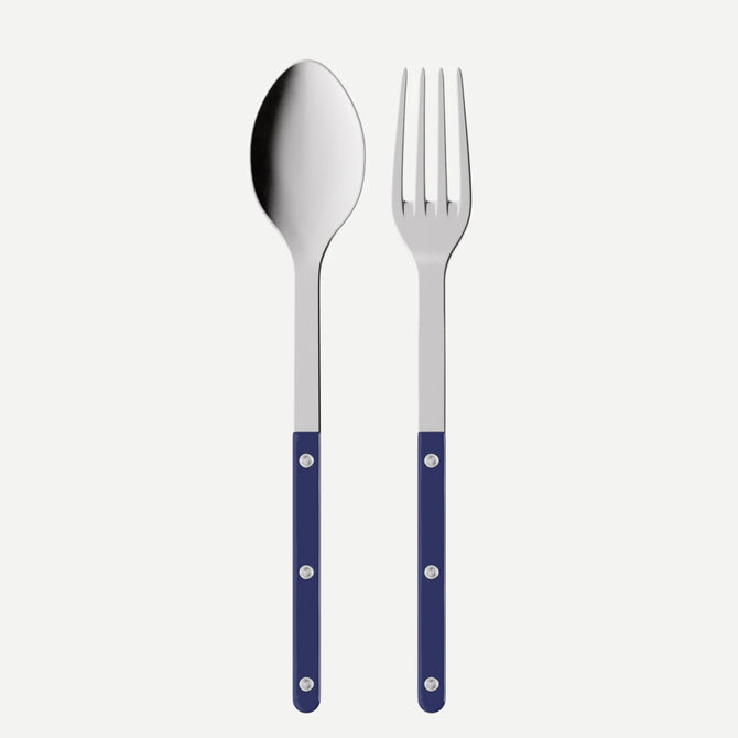 10.25-inch bistro serving set with stainless steel heads and navy blue acrylic handles featuring three rivets.