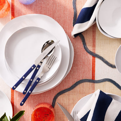 Blue 5-piece stainless steel flatware set with acrylic handles arranged on a white plate and striped table runner.