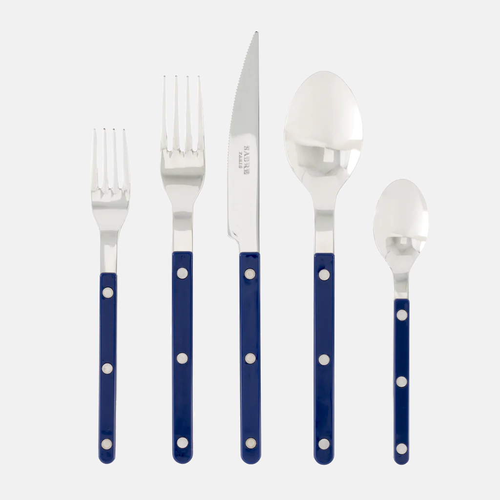 Blue Bistro 5-piece flatware set with stainless steel and acrylic handles, including knife, forks, and spoons.