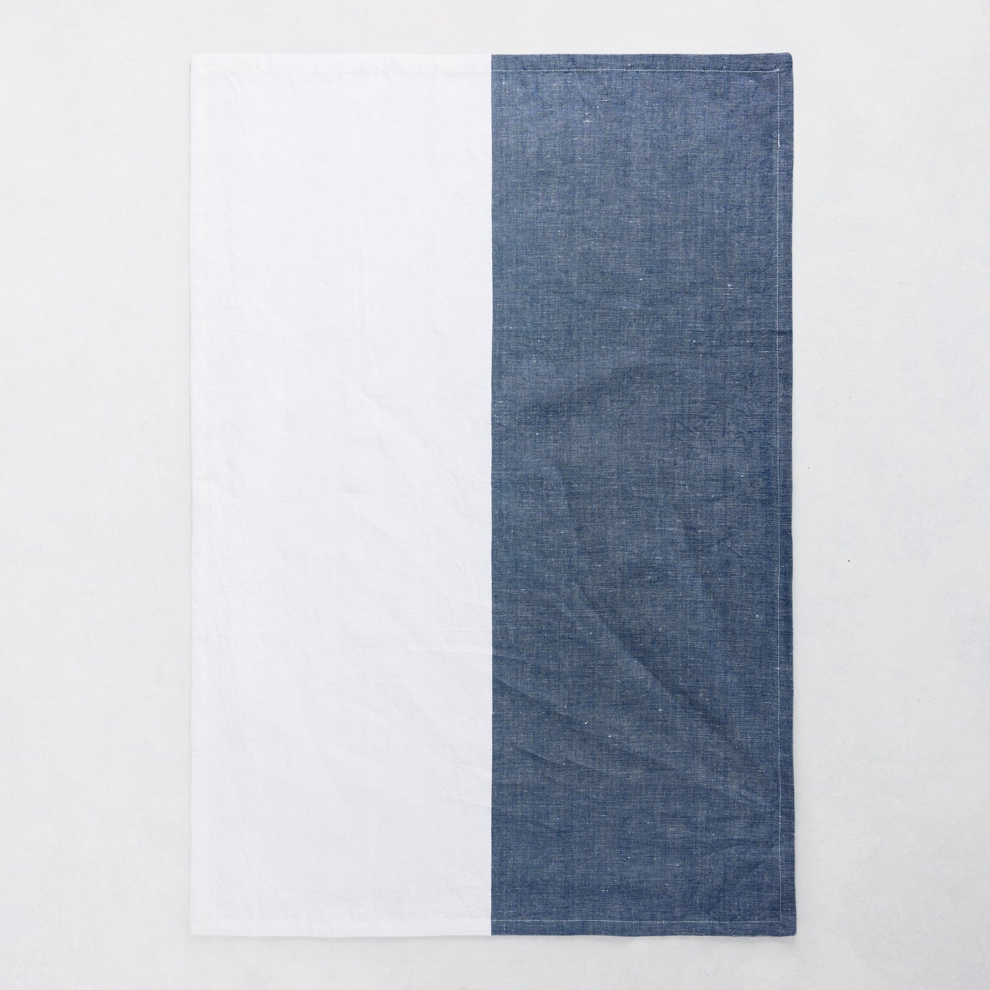 Navy and white block print hand towel, 50% cotton, 50% linen, 20"W x 30"L.
